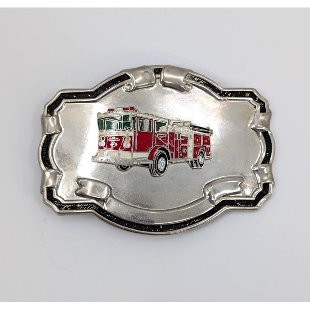 VTG Fire Truck Belt Buckle Silver Tone Red White Enamel Firefighter Blank Scroll